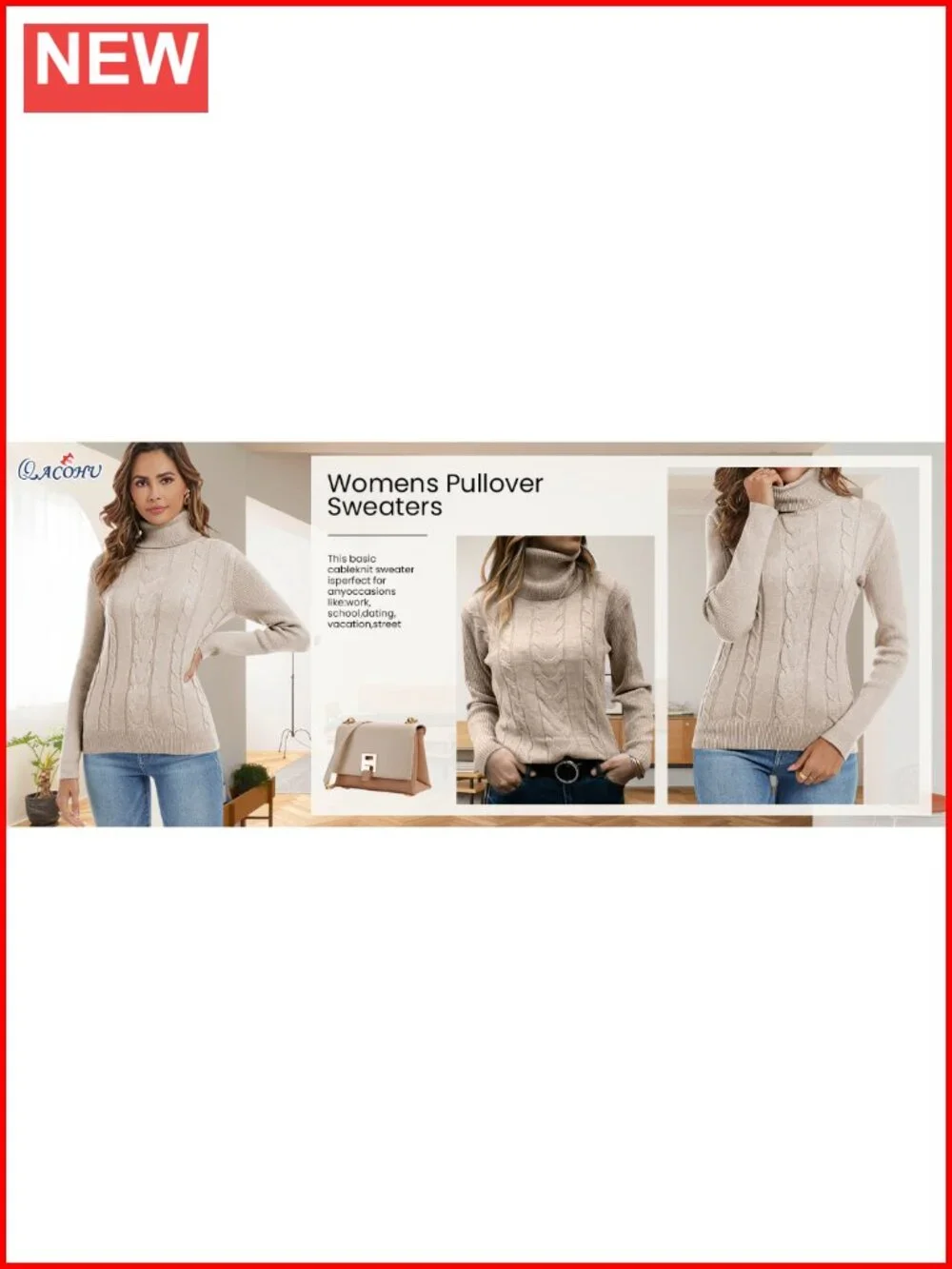 Turtleneck Cable Knit Sweater Long Sleeve Ribbed Slim Fit Pullover